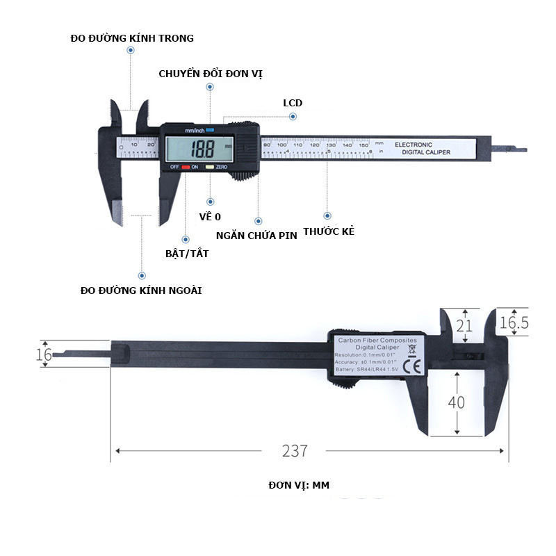 Thước kẹp điện tử thông minh tặng kèm pin