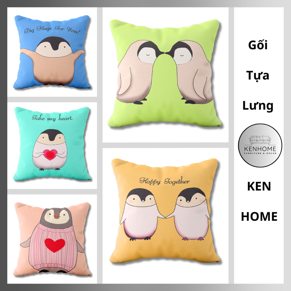 Gối Sofa Họa Tiết Chim Cánh Cụt - Gối Tựa Lưng Sofa Trang Trí Phòng Khách, Phòng Ngủ - Vải Bố Cao Cấp - Kích Thước 45x45cm