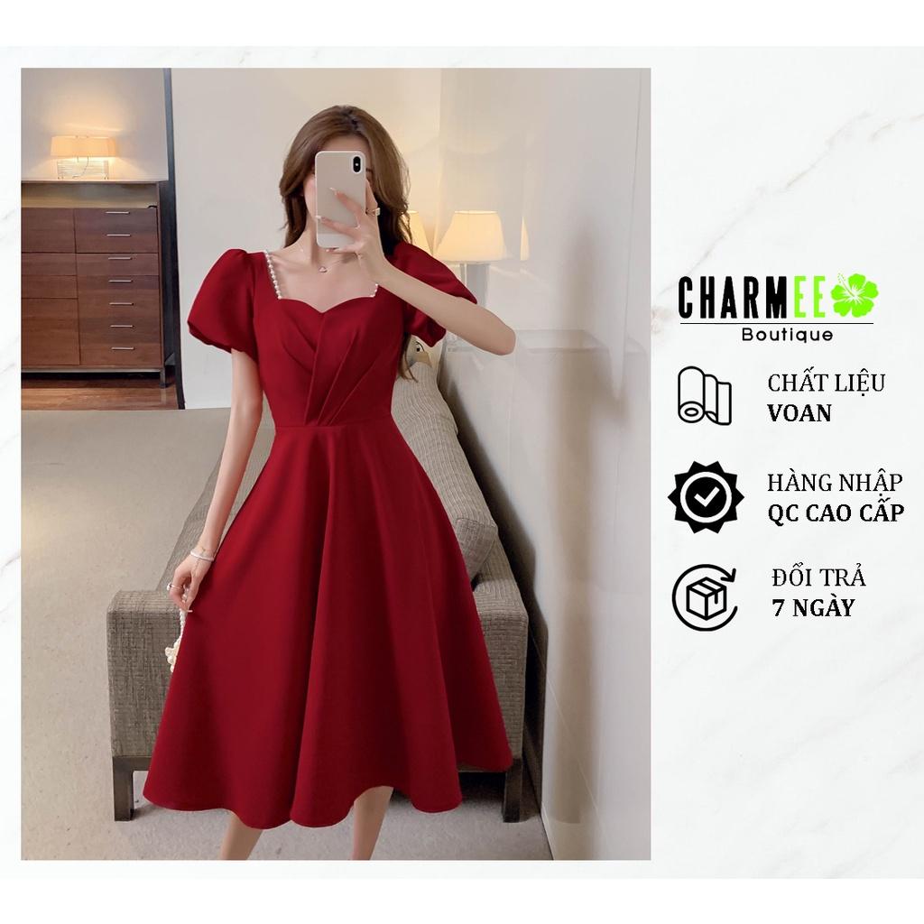 Đầm đỏ cổ thuyền đính dây ngọc