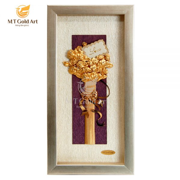 Tranh bó hoa hồng dát vàng (13x26cm) MT Gold Art- Hàng chính hãng, trang trí nhà cửa, phòng làm việc, quà tặng vợ, mẹ,  sếp, đối tác, khách hàng, tân gia, khai trương