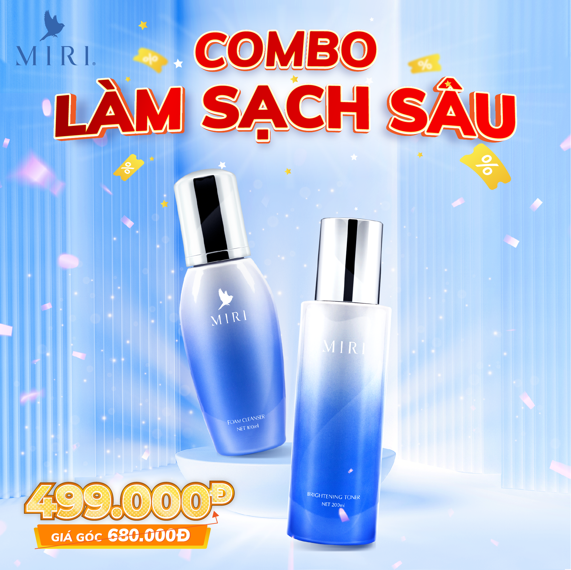 Combo Làm Sạch Sâu: Foam Cleanser MIRI 100ml & Nước Cân Bằng Độ Ẩm Cho Da Mặt MIRI 200ml