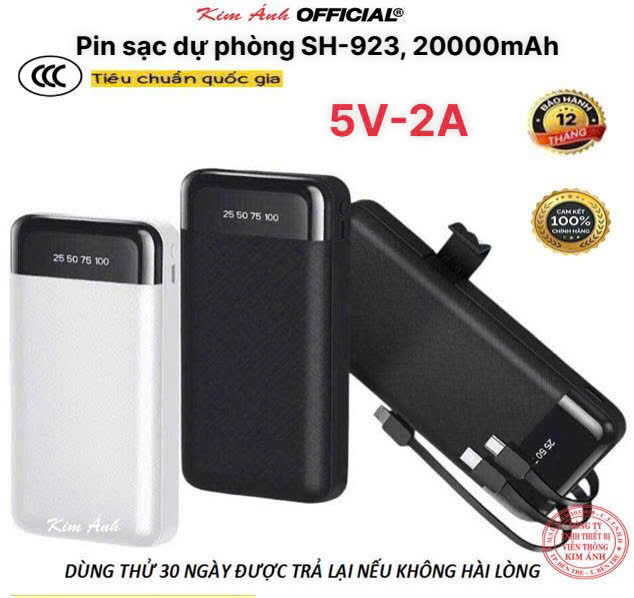 Pin sạc dự phòng SH-923, dung lượng 20000mAh dòng điện 5V-2A, có chứng nhận an toàn 3C tiêu chuẩn quốc gia, hàng chính hãng