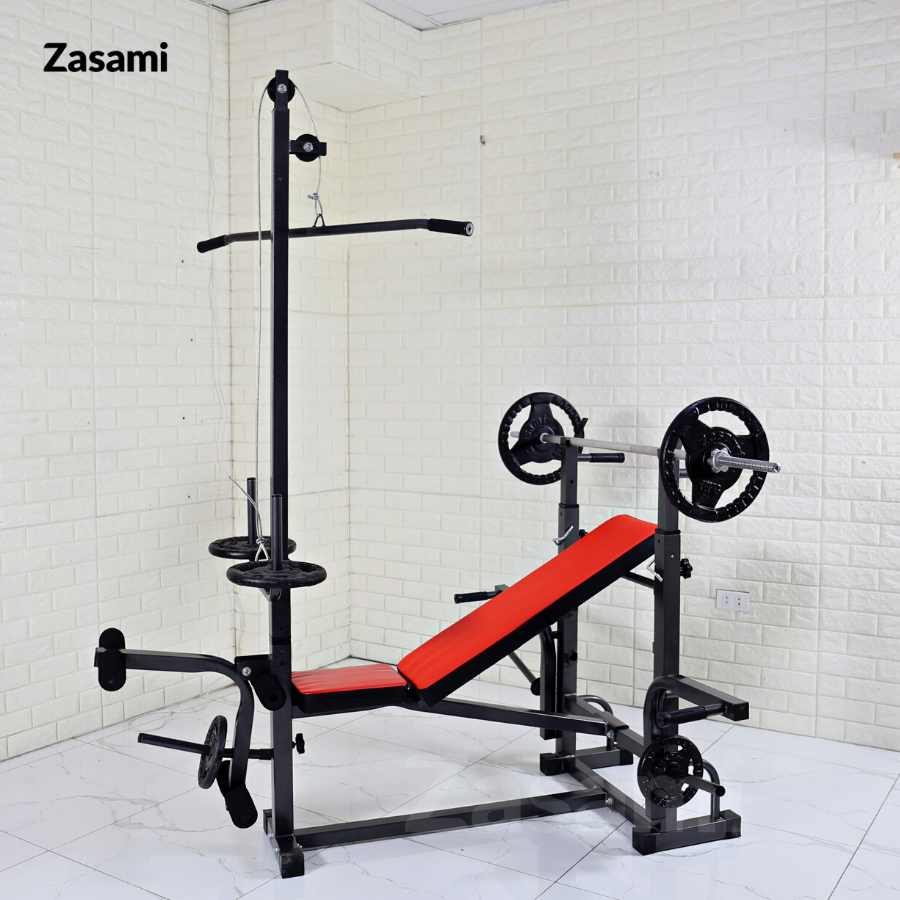 Giàn tạ đa năng 8210 Zasami kèm 50kg tạ gang , đòn tạ 1m5, 1 găng tay tập tạ ( Màu ngẫu nhiên )