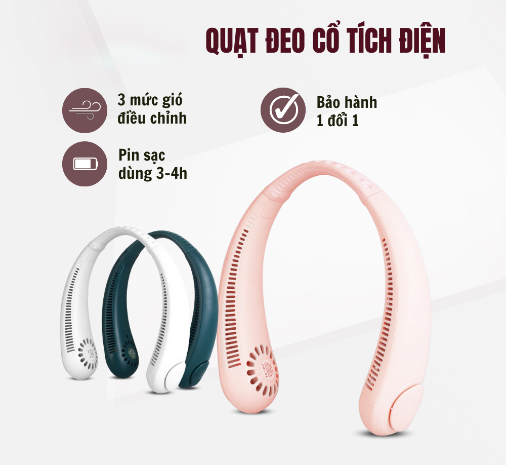 Quạt Đeo Cổ Tích Điện Mini 3 Chế Độ Gió, Dung Lượng Pin Lớn 3000mAh, Quạt Không Cánh USB Tiện Lợi, Không Cuốn Tóc, Thời Gian Sử Dụng Đến 10 Giờ