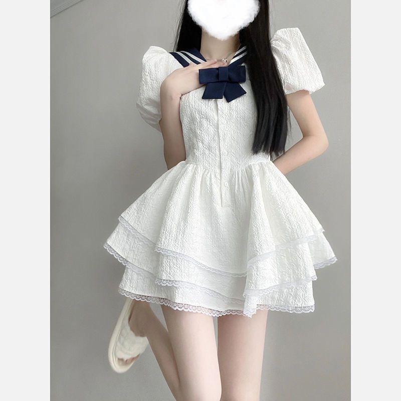 SHUANGYAN Hải quân cổ Ultra Fairy Bouffant váy cho phụ nữ mùa hè ren ren nhỏ bong bóng tay áo thắt lưng đầm cao eo