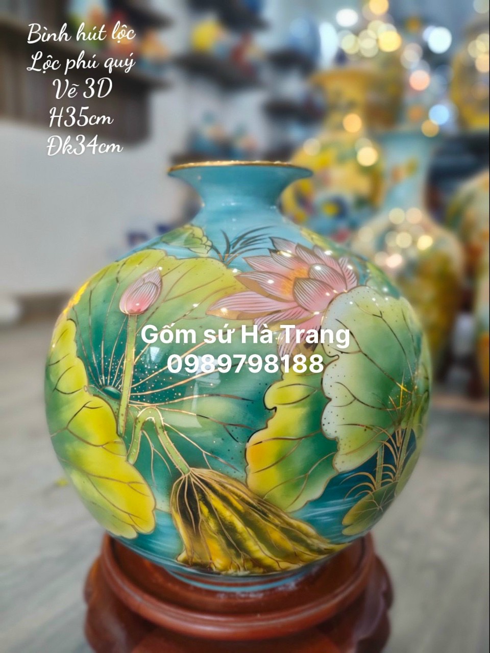 Bình hút tài lộc gốm sứ Bát Tràng cao cấp vẽ vàng hoạ tiết lộc phú quý cao 35cm