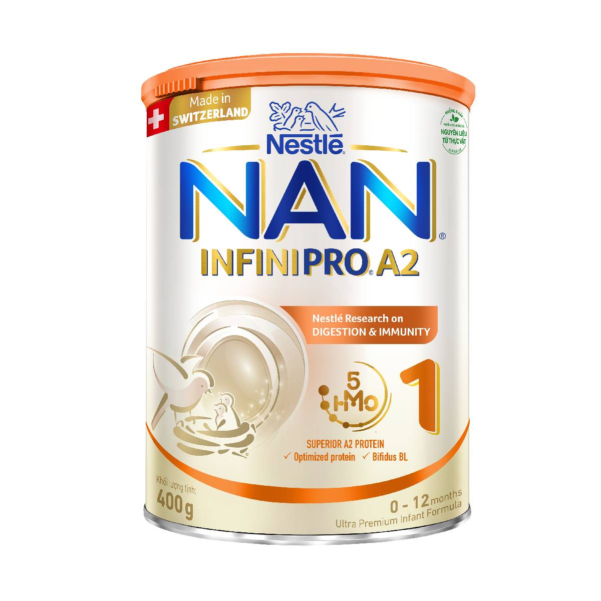 Sữa bột NAN INFINIPRO A2 Thụy Sĩ 1 400g với sự kết hợp độc đáo giữa đạm quý A2 và 5HMO (0 - 12 tháng)
