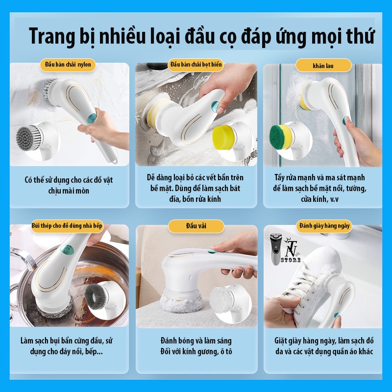 Máy Cọ Rửa Điện Cầm Tay Đa Năng RAZUNO Tặng Kèm 5 Đầu Chổi, Chống Nước IPX7, Tốc Độ 18000rpm