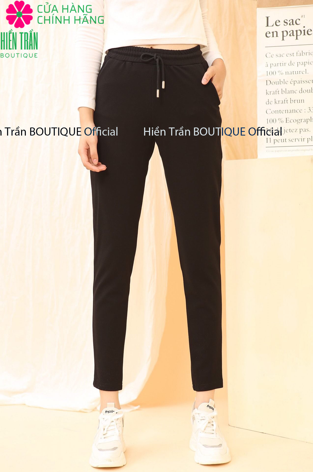 Quần jogger nữ Hiền Trần BOUTIQUE dáng dài cạp chun dây buộc kiểu dáng trơn basic