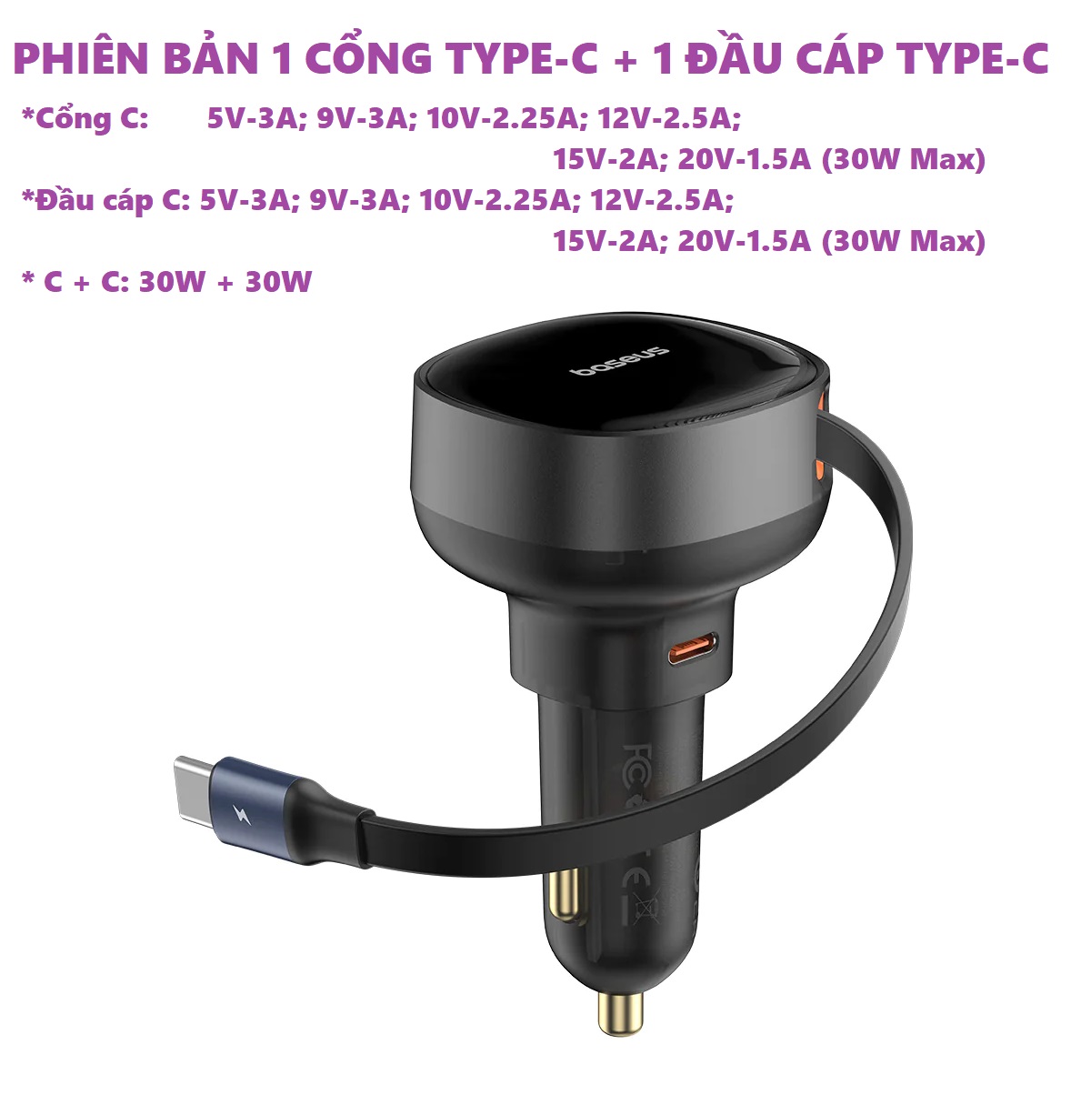 Tẩu sạc ô tô dây rút sạc nhanh 30W 3 cổng 2C+ iP Baseus Enjoyment PRO Retractable Car Charger CCTXP- CCL - hàng chính hãng