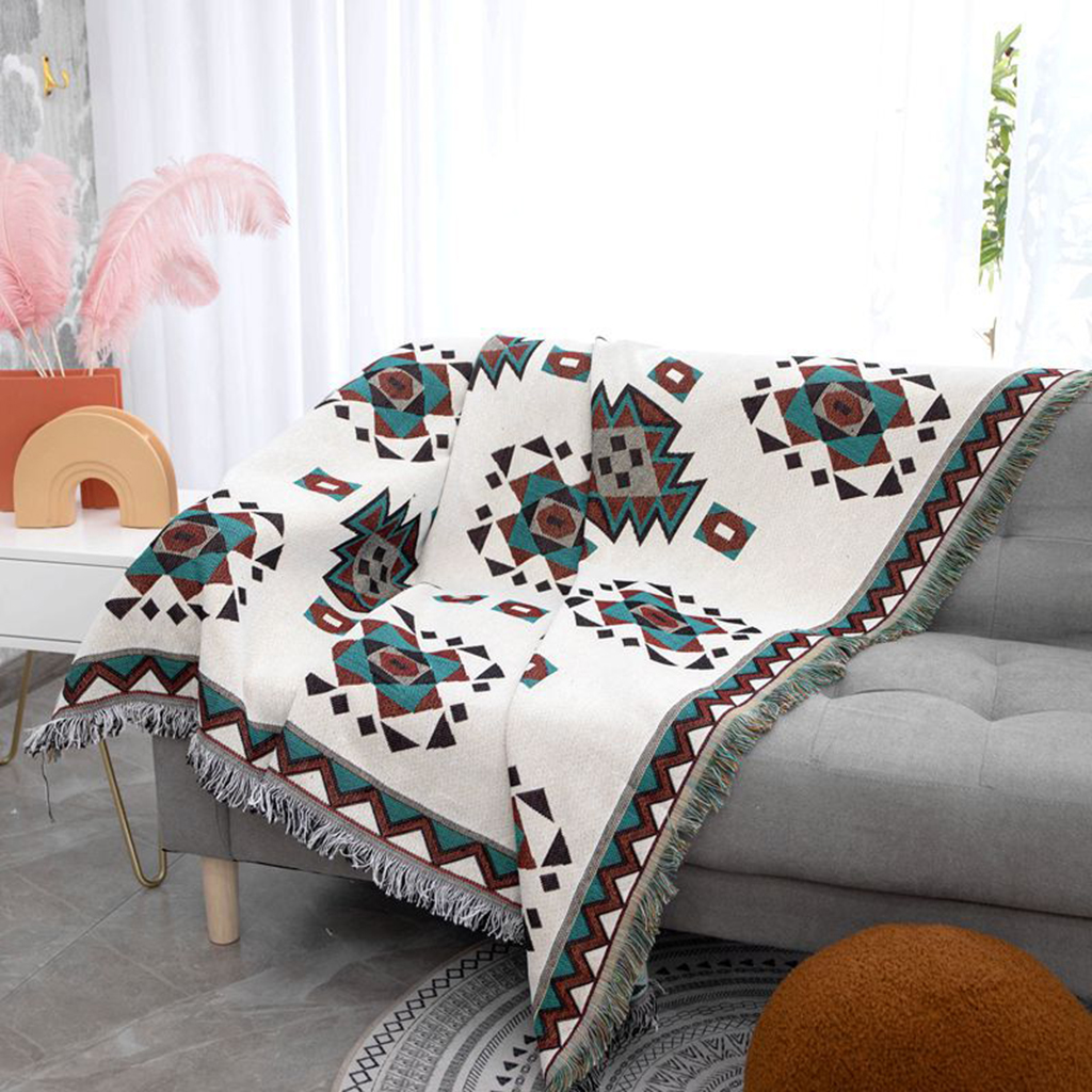 Chăn Phủ Sofa Dệt Kim 2 Mặt Họa Tiết Hình Thoi Vuông Xanh