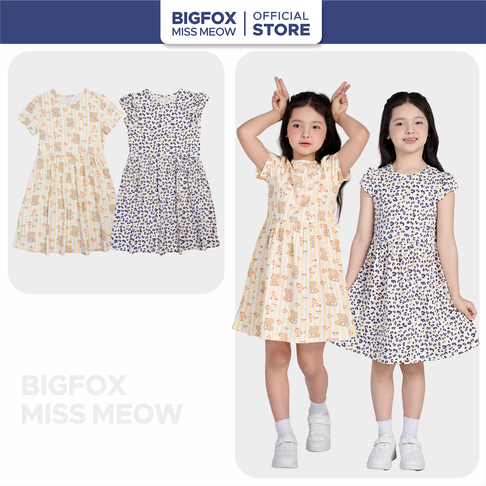 Váy hè bé gái Bigfox Miss Meow ngắn tay size đại vải thun cotton in gấu cho trẻ em 3-11 tuổi 35kg
