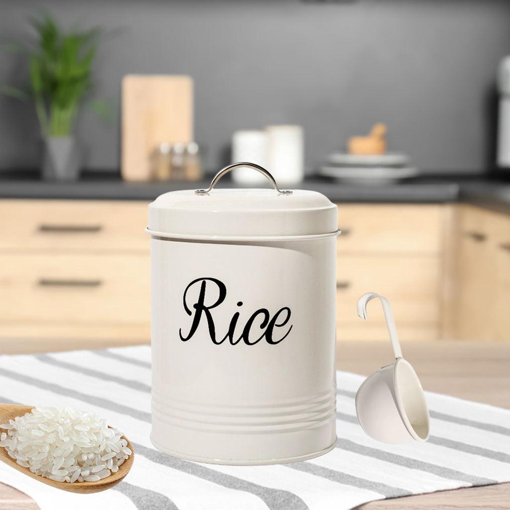 Rustic White Metal Kitchen Food Rice Storage Tin Jar 3L Container with Lid