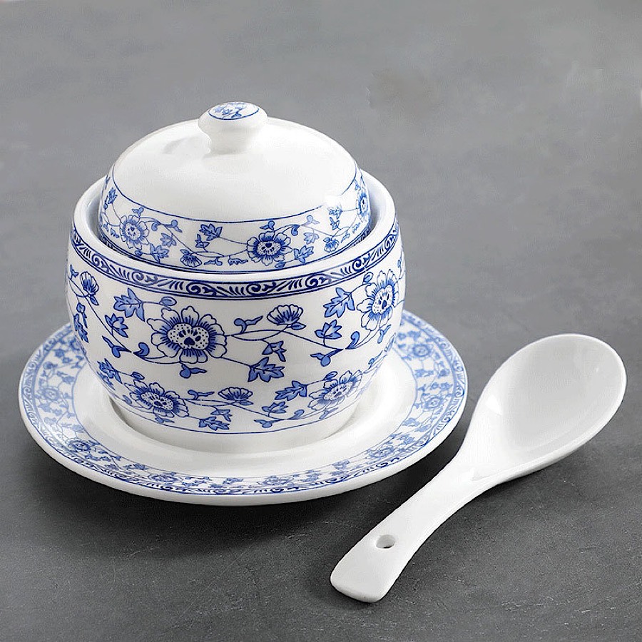 CHÉN ĂN YẾN , BÁT TIỀM SÂM 4 MÓN TỨ QUÝ MEN LAM TRẮNG XANH GỐM SỨ