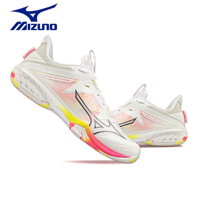 Giày cầu lông Mizuno nam nữ Wave Claw Neo 2 màu trắng cam - tặng tất thể thao bendu