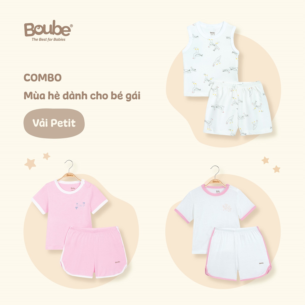 Combo 3 bộ quần áo mùa hè mát mẻ cho bé gái Boube, chất vải Petit mềm mịn, thoáng mát - Full size cho bé 0-24M (3-15kg