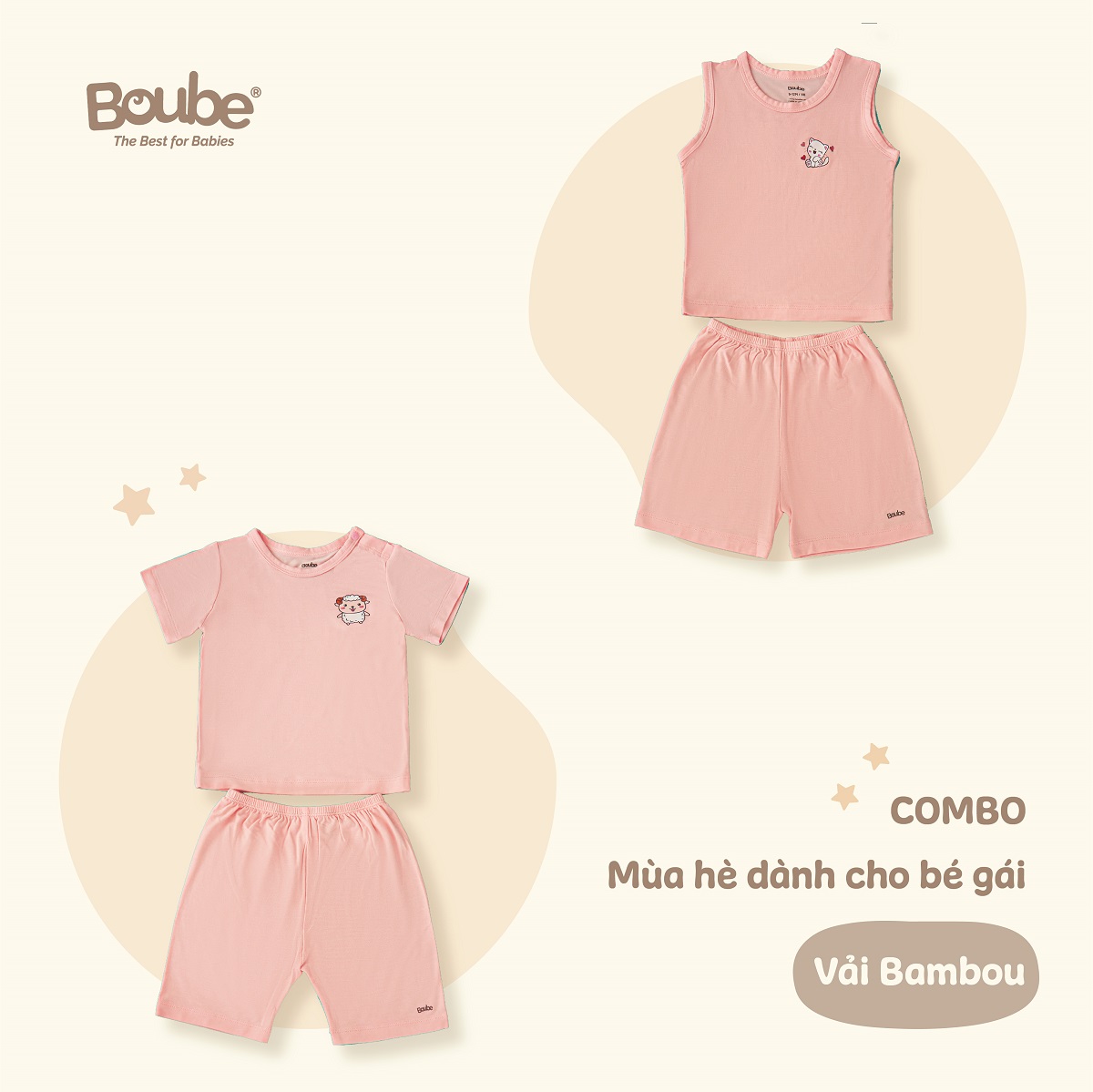 Combo 2 bộ quần áo mùa hè mát mẻ cho bé gái Boube, chất vải Bamboo thông minh, thoải mái - Size cho bé 3-24M (6-15kg)