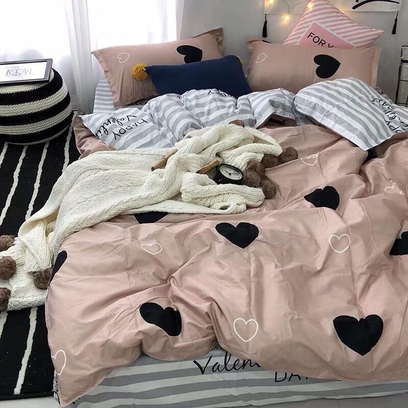 Bộ chăn ga gối cottong poly tim hồng đất