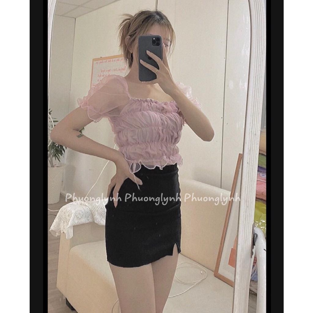 Áo kiểu croptop nữ phối lưới tay phồng