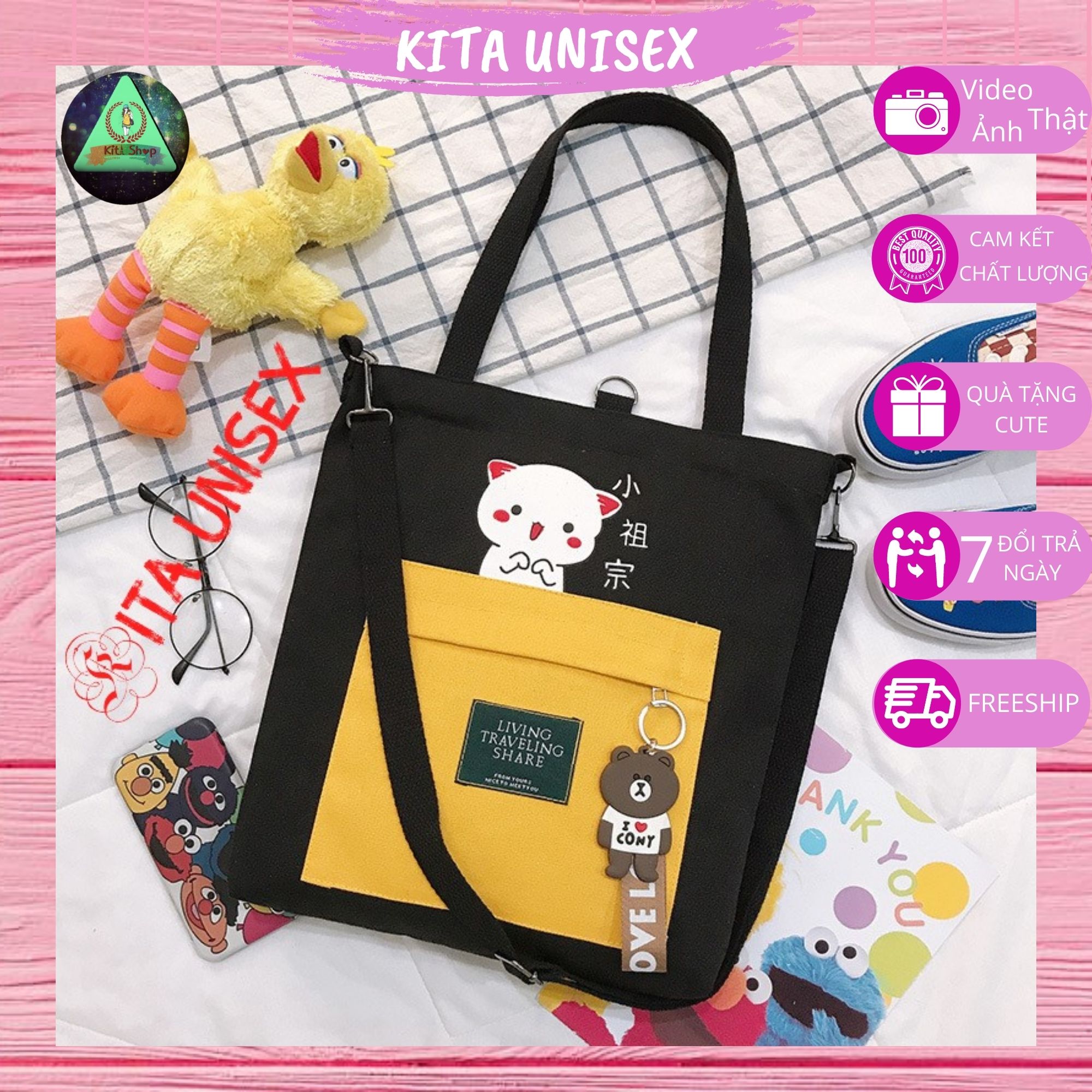 Túi Tote Vải Canvas Nữ Có Khóa Ulzzang Hot Trend Kita Unisex - Mẫu MÈO CUTE - Ảnh thật