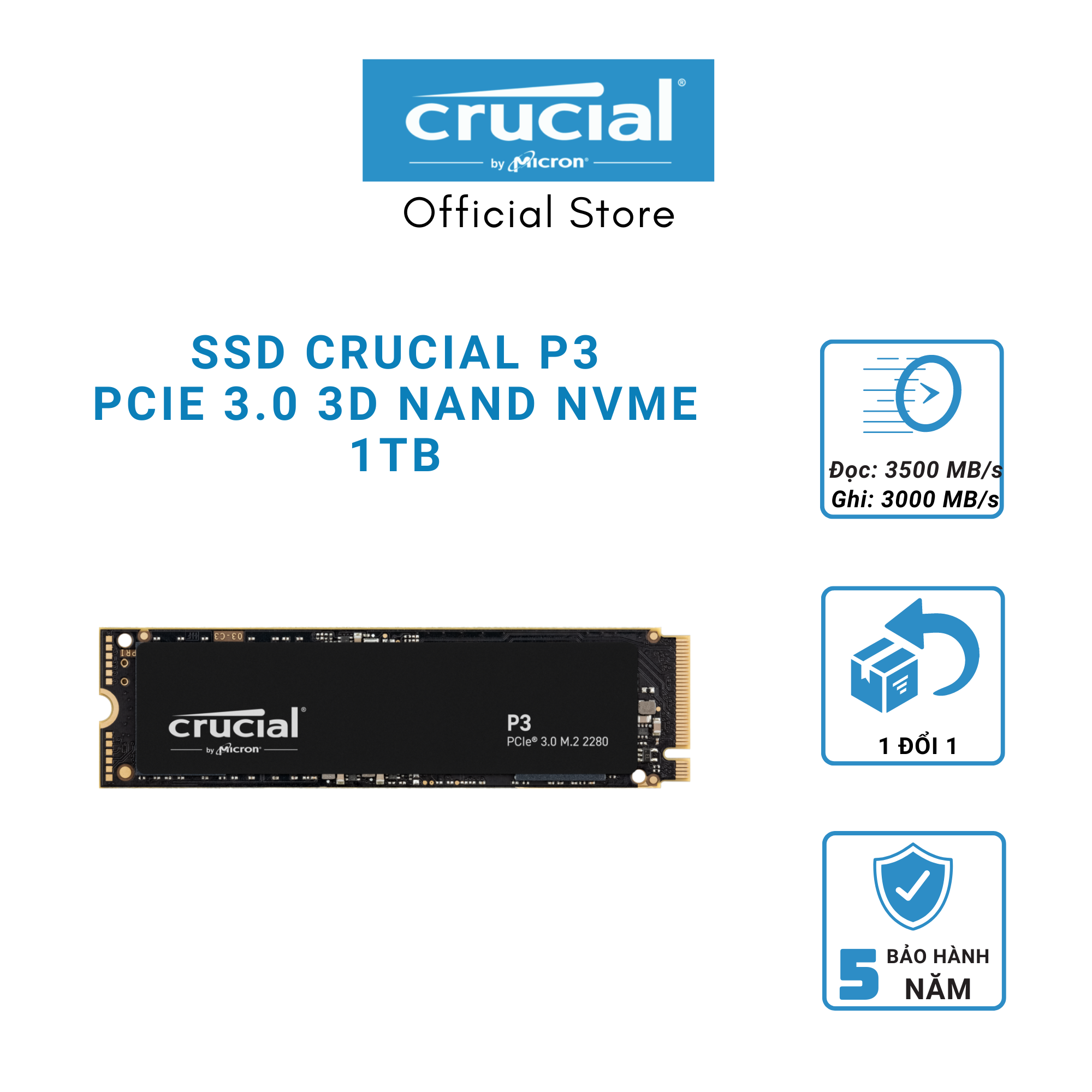 SSD CRUCIAL P3 Gen 3 NVMe 1000GB - CT1000P3SSD8 - HÀNG CHÍNH HÃNG