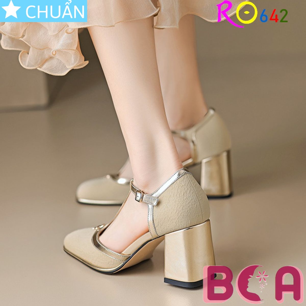 Giày nữ mũi vuông cao gót 6 phân RO642 ROSATA tại BCASHOP cách điệu kiểu T-TRAP, viền bóng kết hợp da nhám độc đáo
