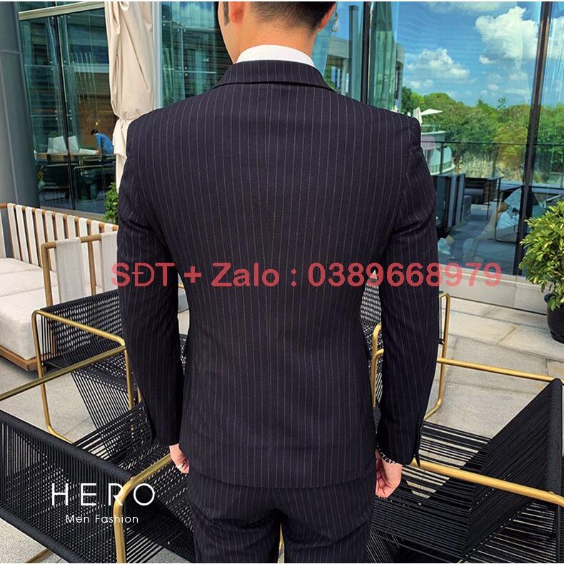 Vest Nam Hàn Quốc Kẻ Sọc, Bộ Vest Nam Cao Cấp Kẻ Sọc Đen, Suit Nam, Bộ Suit Nam Chất Vải Sịn