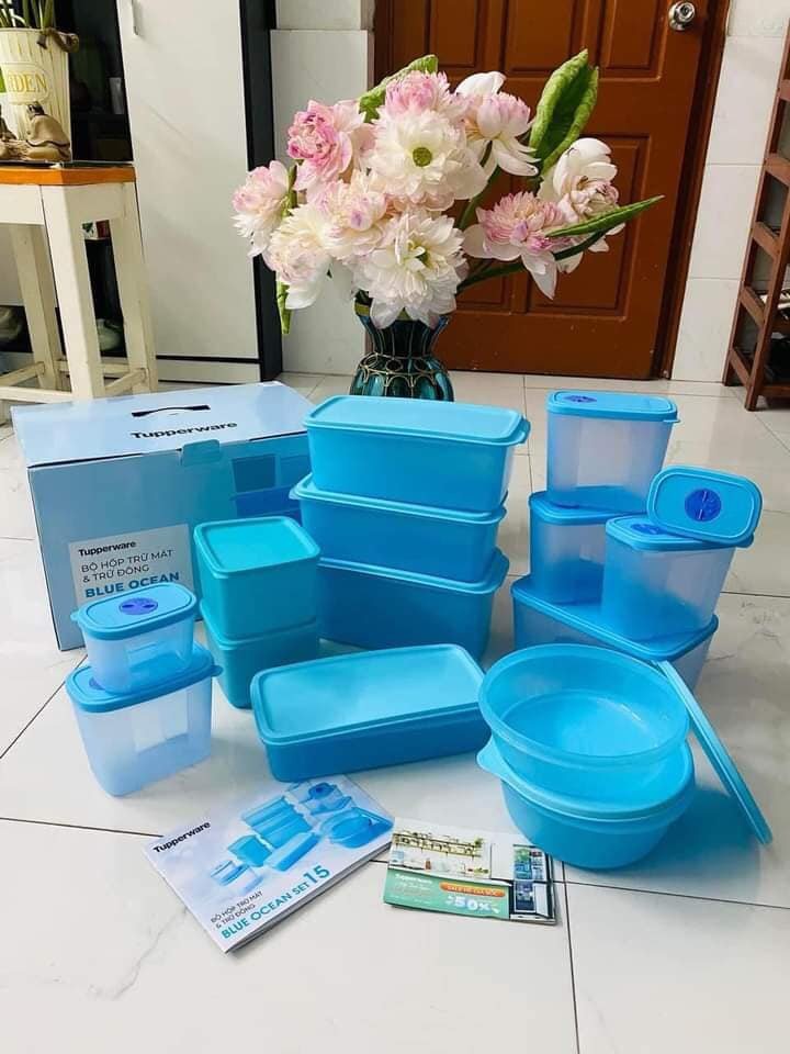 Bộ hộp trữ mát &amp; trữ đông Blue Ocean (15 hộp) Tupperware - Hàng chính hãng