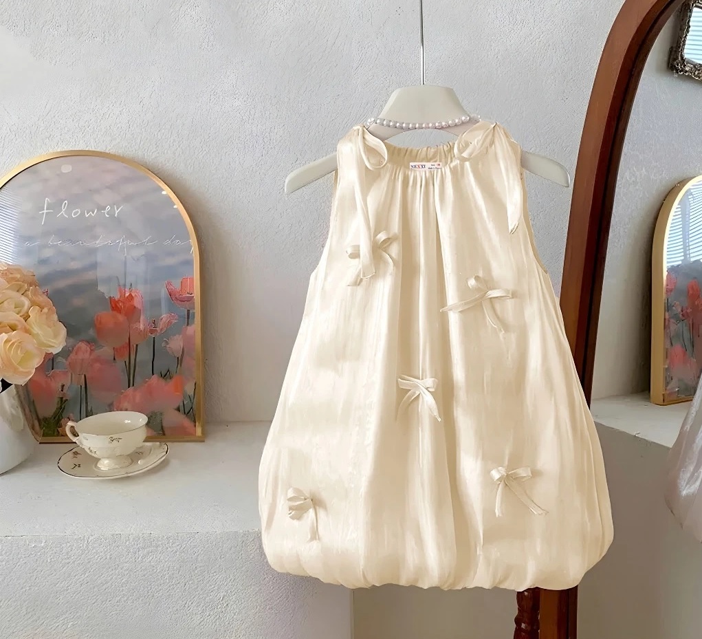 Đầm Bí Bé Gái, Váy Tiểu thư Bé Gái Voan Óng Sát Nách Rút Nơ Đi Tiệc, Đi Chơi Từ 12-45kg Dành Cho Bé Gái
