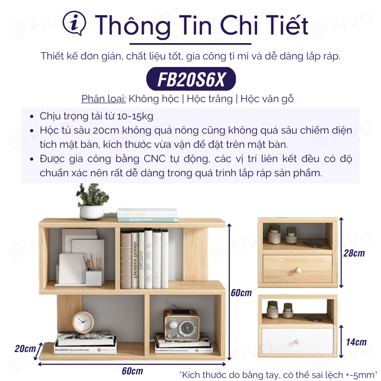 Kệ Giá Sách Gỗ Mini Để Bàn Hoặc Treo Tường FIVO Mẫu FB20, Lắp Ráp Dễ Dàng Gỗ MDF Phủ Melamine Chống Thấm Bề Mặt