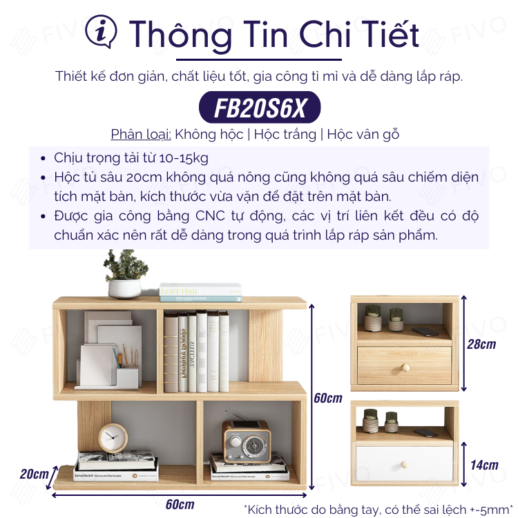 Kệ Giá Sách Gỗ Mini Để Bàn Hoặc Treo Tường FIVO Mẫu FB20, Lắp Ráp Dễ Dàng Gỗ MDF Phủ Melamine Chống Thấm Bề Mặt (Kích Thước 60x20x60cm)