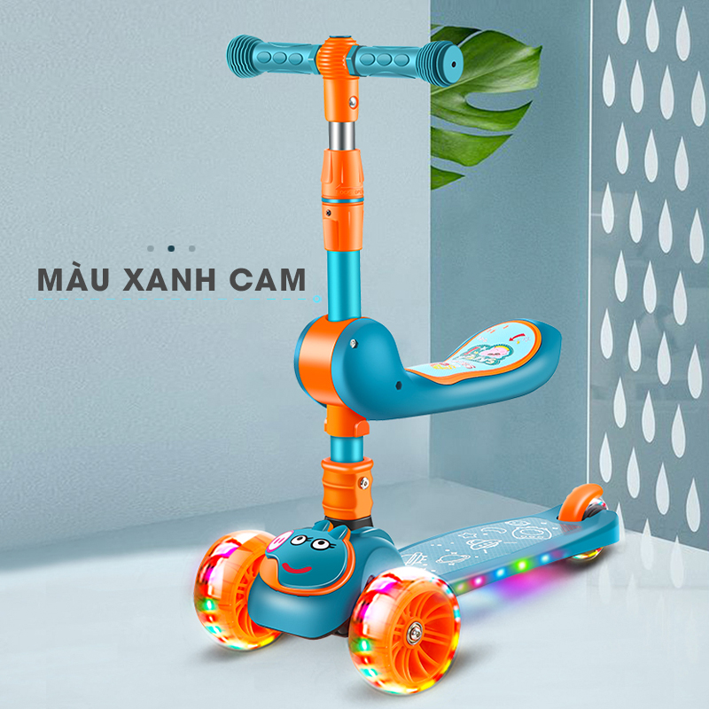 Xe trượt scooter 3 bánh cao cấp dành cho bé, phát nhạc, bánh xe phát sáng vĩnh cửu, rèn luyện vận động, tăng chiều cao cho bé, chịu lực lên tới 90kg