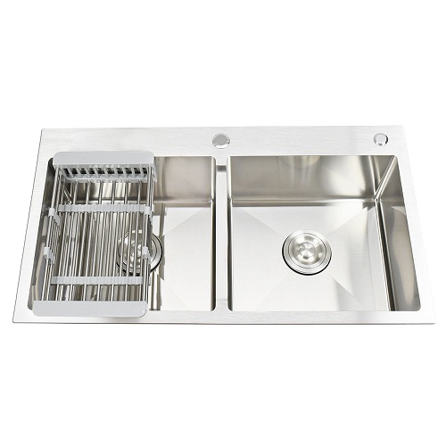 Combo chậu rửa chén bát inox kích thước 8245, vòi rửa bát nóng lạnh inox rút dây, bộ xả chậu, bình xà phòng, rá rau củ đa năng