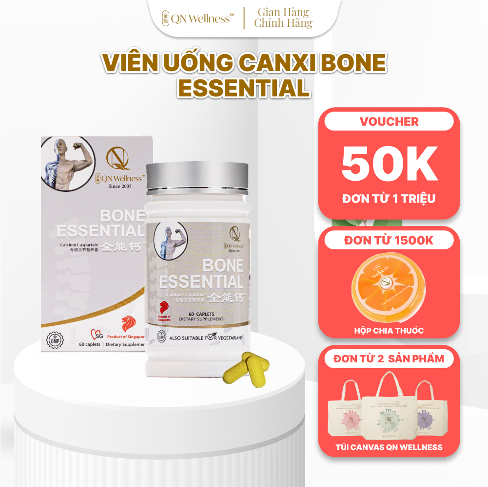 Viên Uống Bổ Sung Canxi Bone Esstential QN Wellness Thuần Chay Chiết Xuất Từ Nghệ & Nha Đam, Giúp Hỗ Trợ Tuần Hoàn Máu, Củng Cố Xương Khớp - Hộp 60 Viên