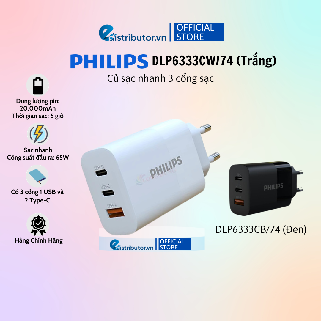 Sạc đa cổng Philips Wall Charger 1USB 2Type-C 65W QC 3.0 DLP6333CW/74 - DLP6333CB/74 - Hàng chính hãng