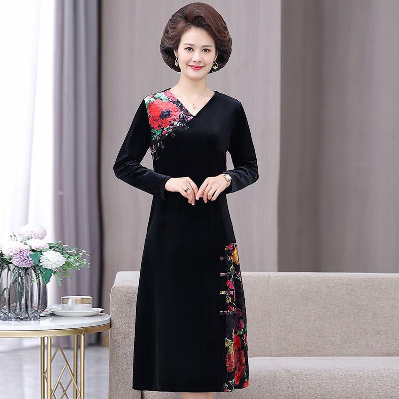 Váy trung niên nữ dự tiệc cao cấp V62 - Đầm nhung thu đông đẹp sang trọng cho mẹ, bà, người lớn tuổi 40 50 60 70 Bigsize