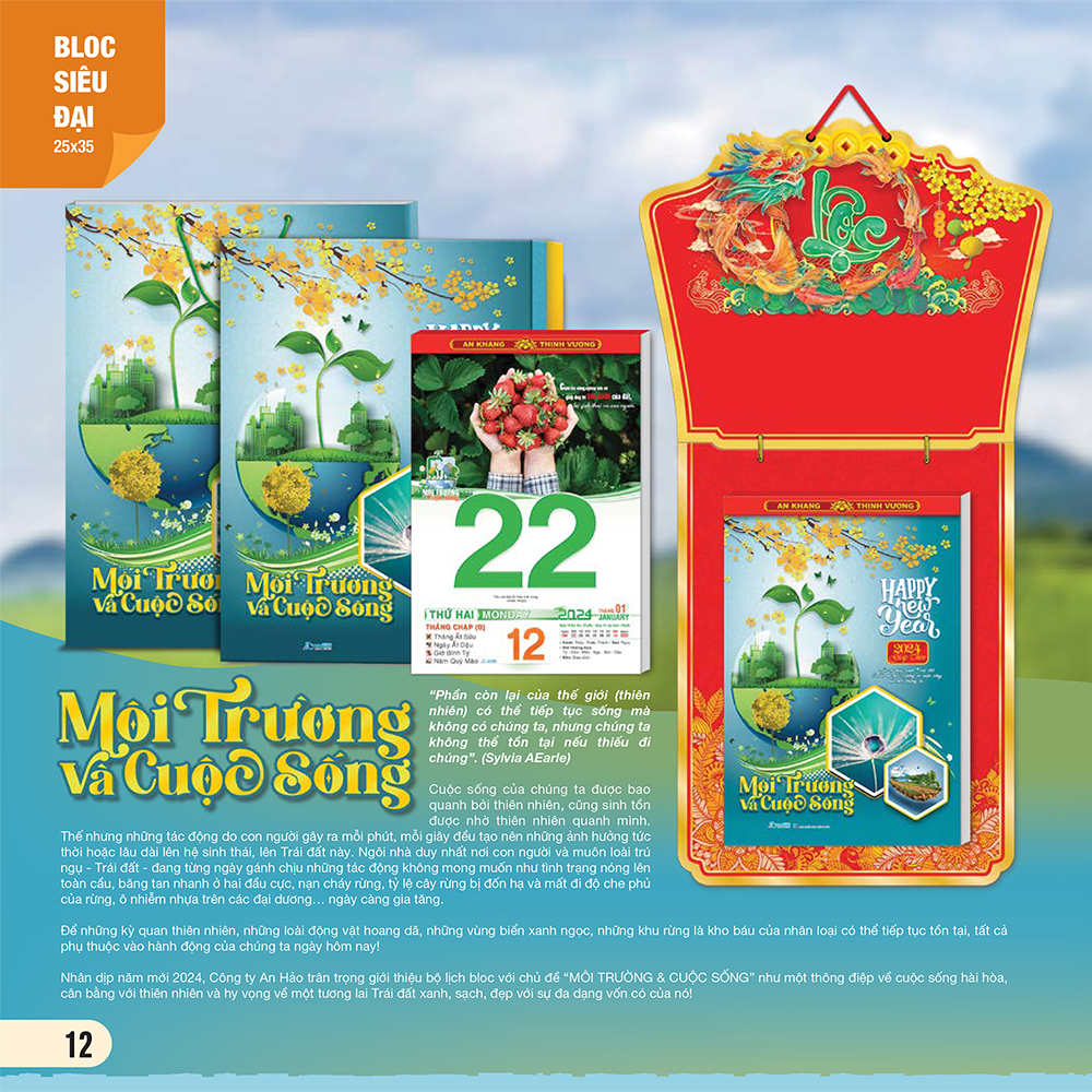 Trọn bộ Bloc Lịch Siêu Đại 25 X 35 Cm – Nhâm Thìn 2024– Môi Trường Và Cuộc Sống – Mẫu Mới