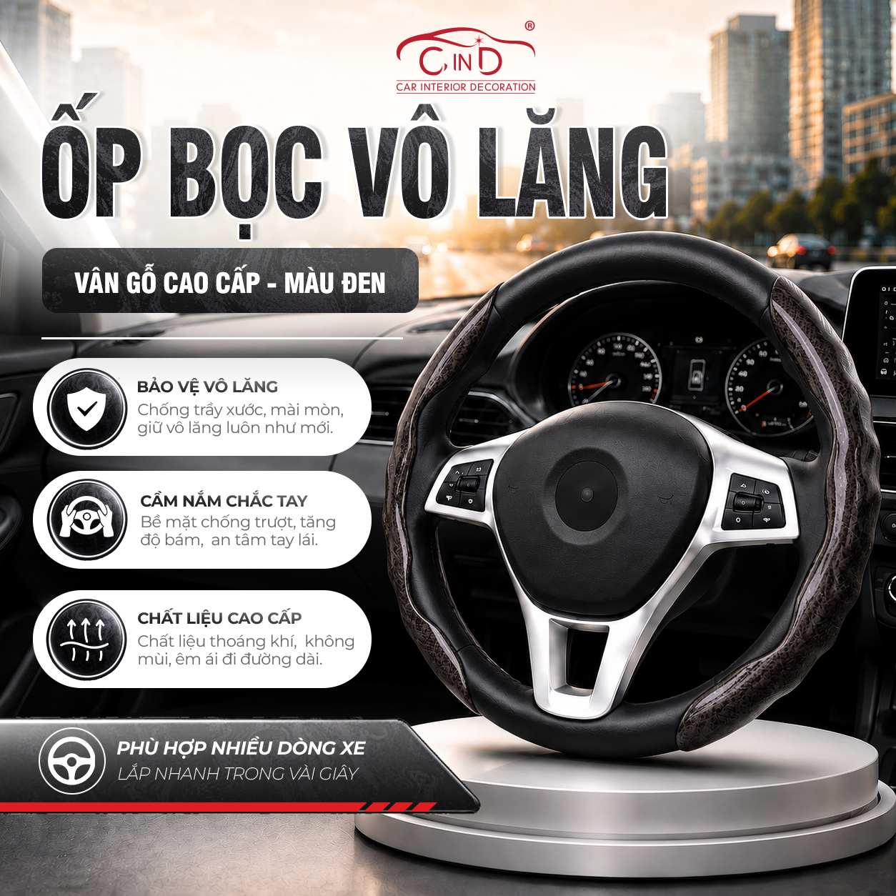 Ốp Bọc Vô Lăng Vân Gỗ Đào Sang Trọng – Chống Trượt 7 Điểm Phù Hợp Tất Cả Dòng Xe