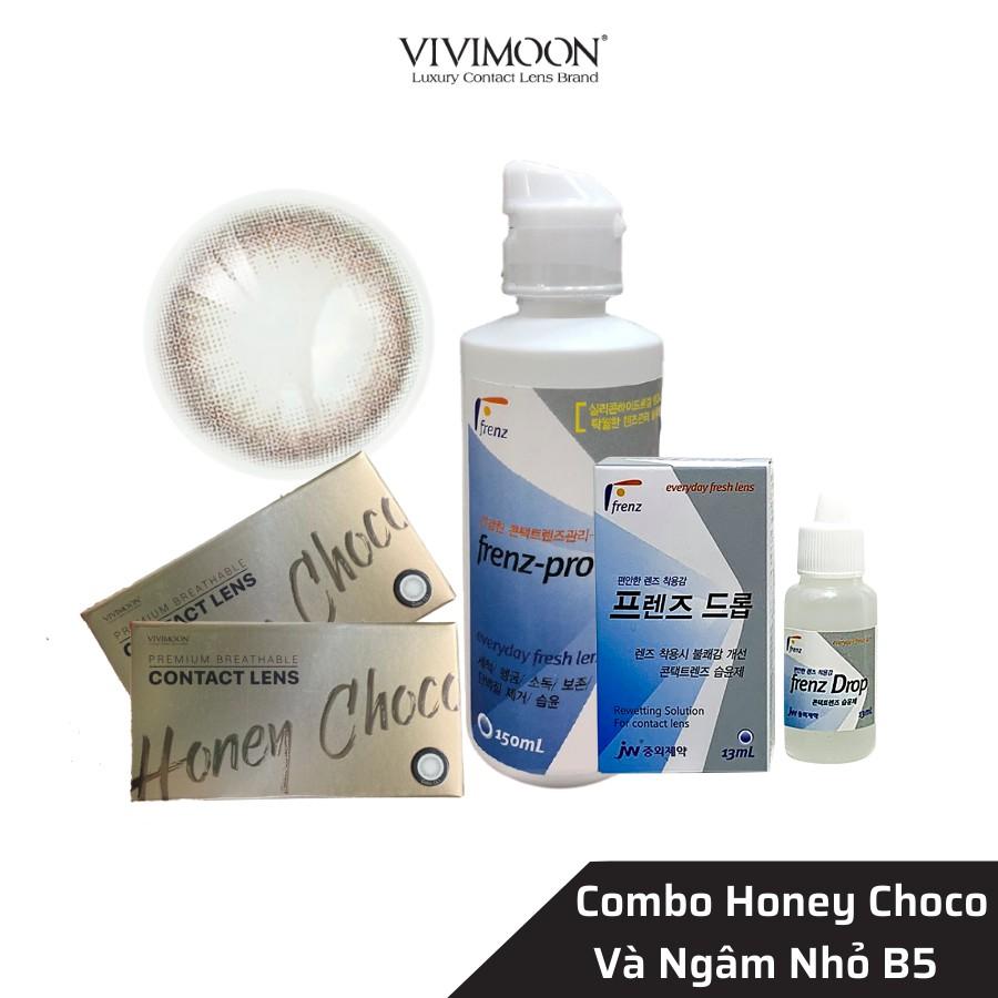 Lens Cận Màu Nâu Tự Nhiên Cho Mắt Thở Honey Choco VIVIMOON Và Bộ Ngâm Lens Nhỏ Mắt B5