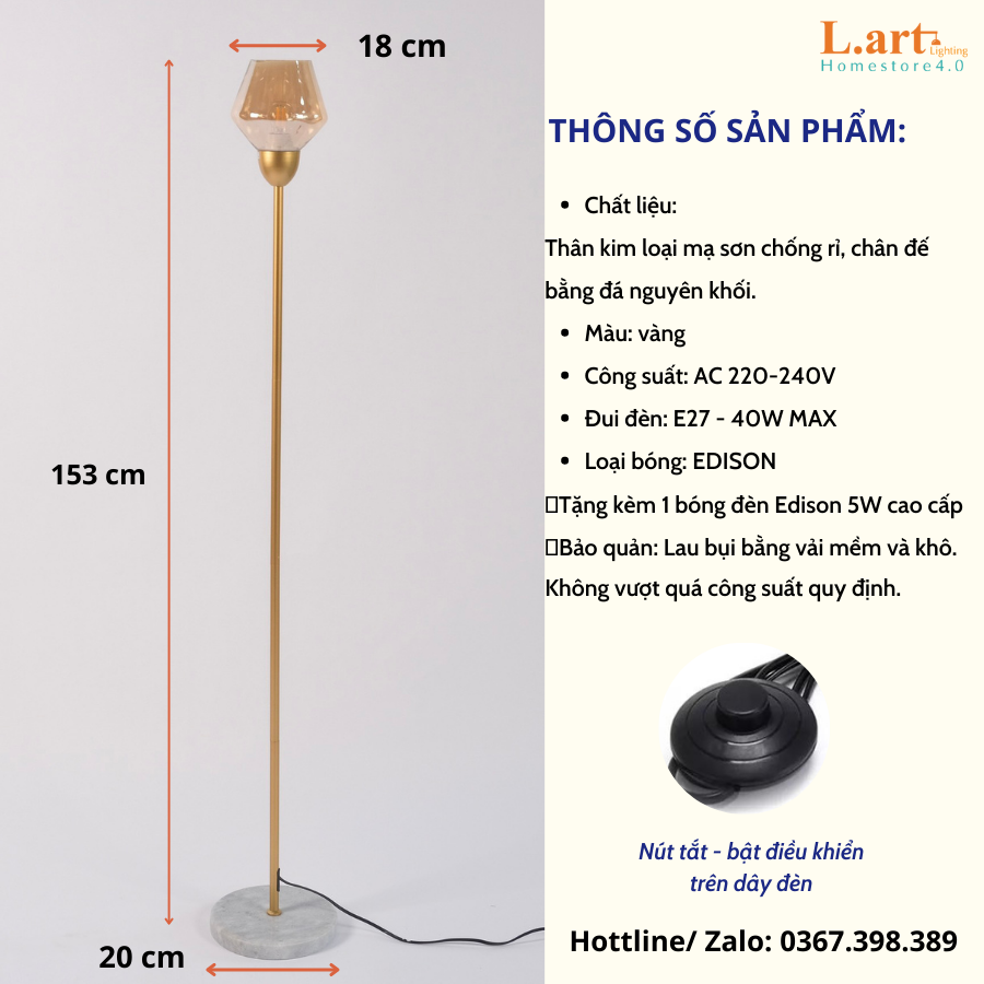 Đèn cây đứng tiện dụng mạ sơn vàng chống ghỉ chao thủy tinh sang trọng DCLA010
