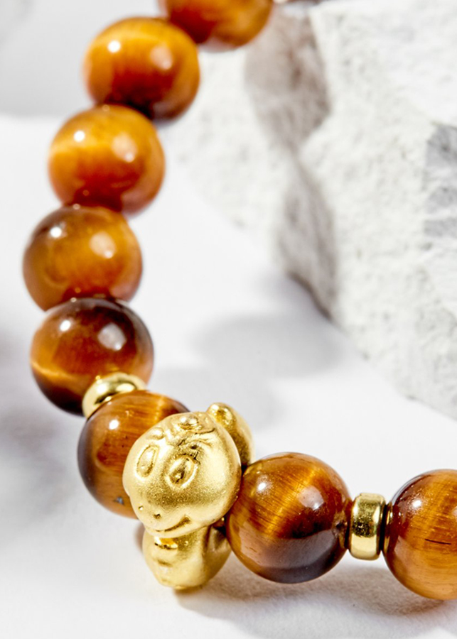 Vòng Tay Phong Thủy Đá Mắt Hổ Vàng Nâu Phối Charm Tuổi Tỵ Bạc Mạ Vàng 24K Mệnh Thổ, Kim Ngọc Quý Gemstones
