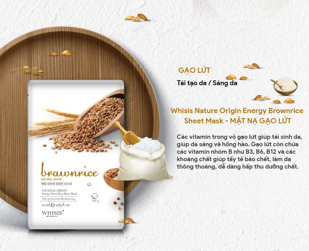 Mặt nạ gạo lứt Whisis Nature Origin Energy Sheet Mask tái tạo làn da, giúp da sáng và hồng hào