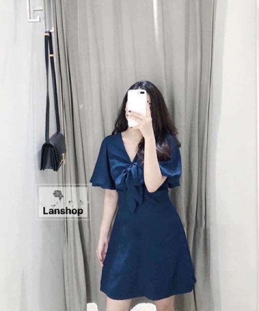 Váy cổ V buộc nơ ngực cho nữ