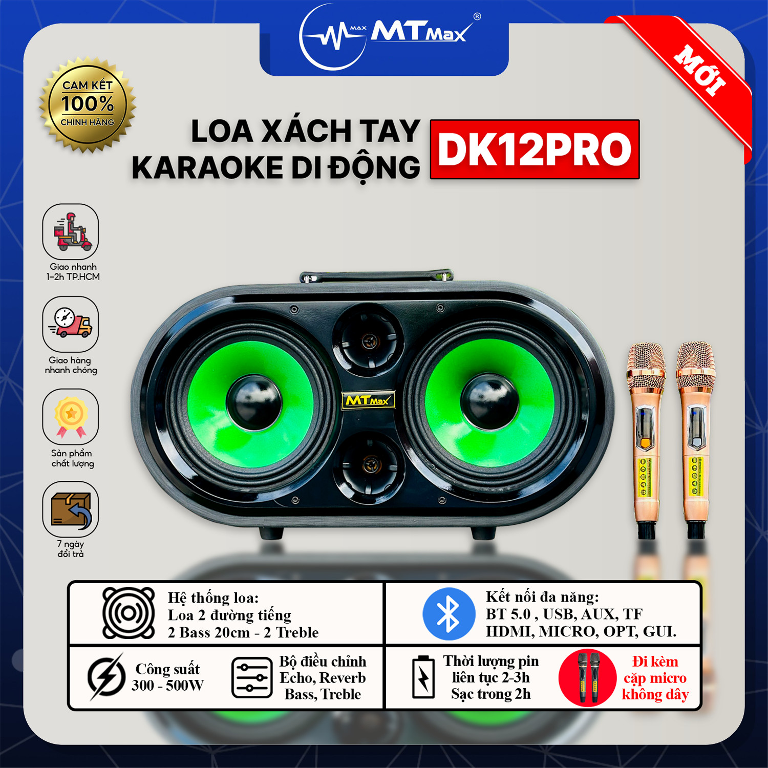 Loa Karaoke Xách Tay Mới Nhất 2024 - MTMAX DK12Pro - Loa 3 Đường Tiếng Công Suất Lớn 500W, Bass Đôi 2 Tấc, Âm Thanh Mạnh Mẽ, Đi Kèm 2 Micro Cao Cấp, Hàng Chính Hãng