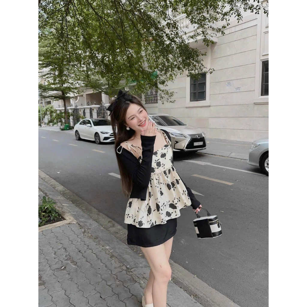 Set Áo hai dây peplum hoa xoè