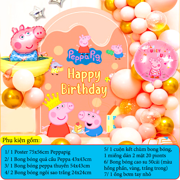 Bộ trang trí sinh nhật happy birthday heo hồng - Sét bong bóng trang trí tiệc thôi nôi, đầy tháng cho trẻ