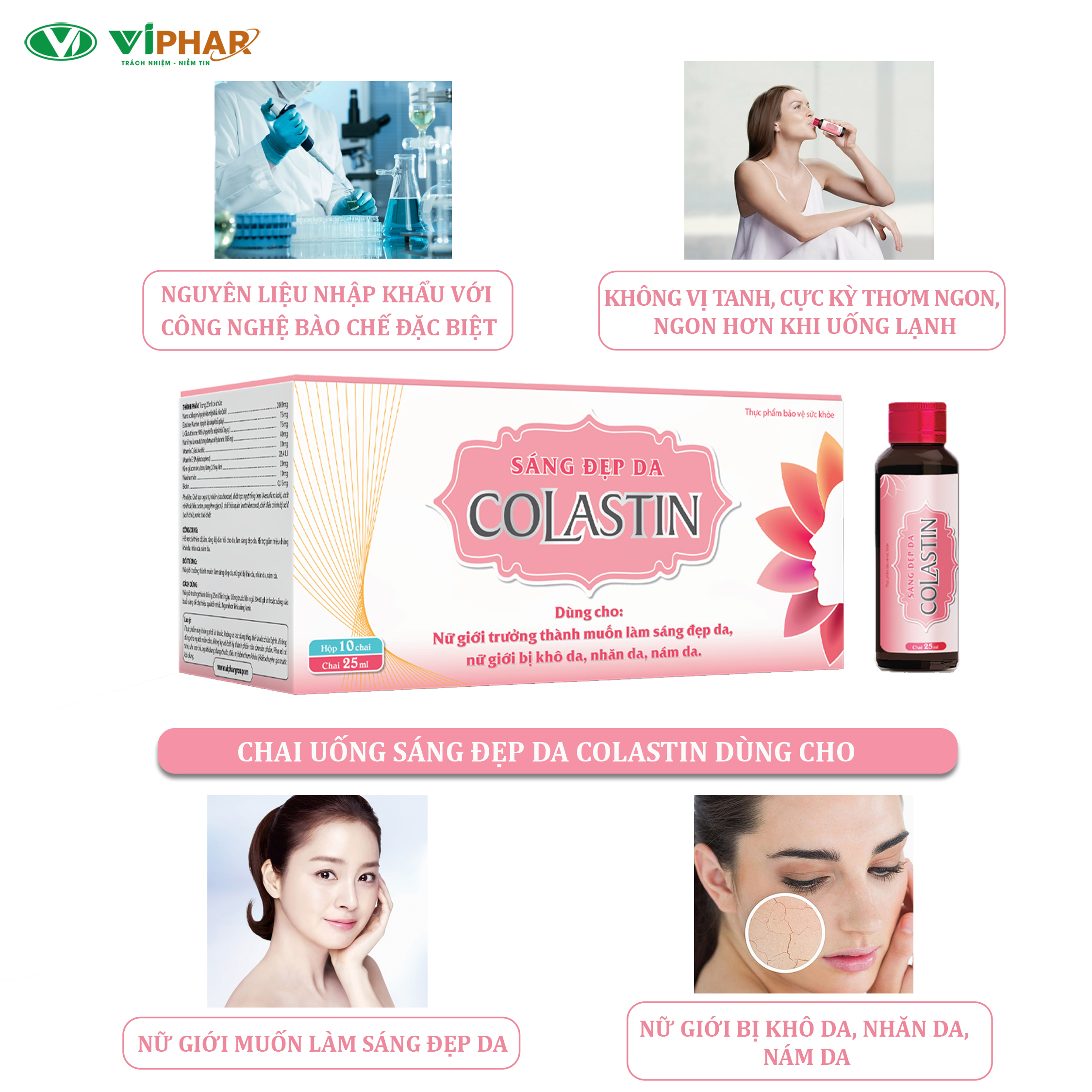 Nước Uống SÁNG ĐẸP DA COLASTIN, Elastin Marine - Nano Collagen Nhập Khẩu, Giúp Da Căng Mịn, Giảm Khô Da, Nhăn Da, Nám Da, Chống Lão Hoá Da, Đẹp Tóc Móng, Hộp 10 Chai 25ml/50ml