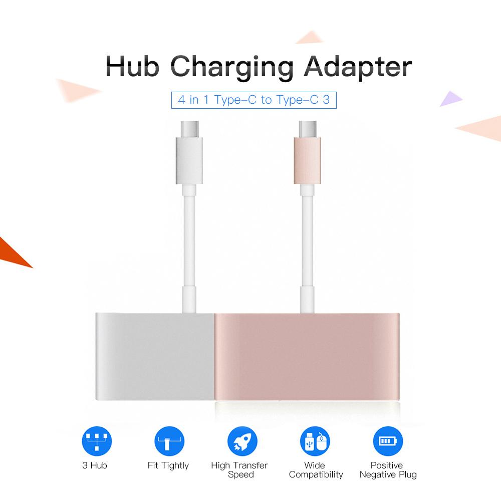 4 in 1 Type-C to Type-C 3 Hub Charging Port Type-C to USB 3.0 Adapter Cable USB C to 3 Hub Fast Speed (Sliver)