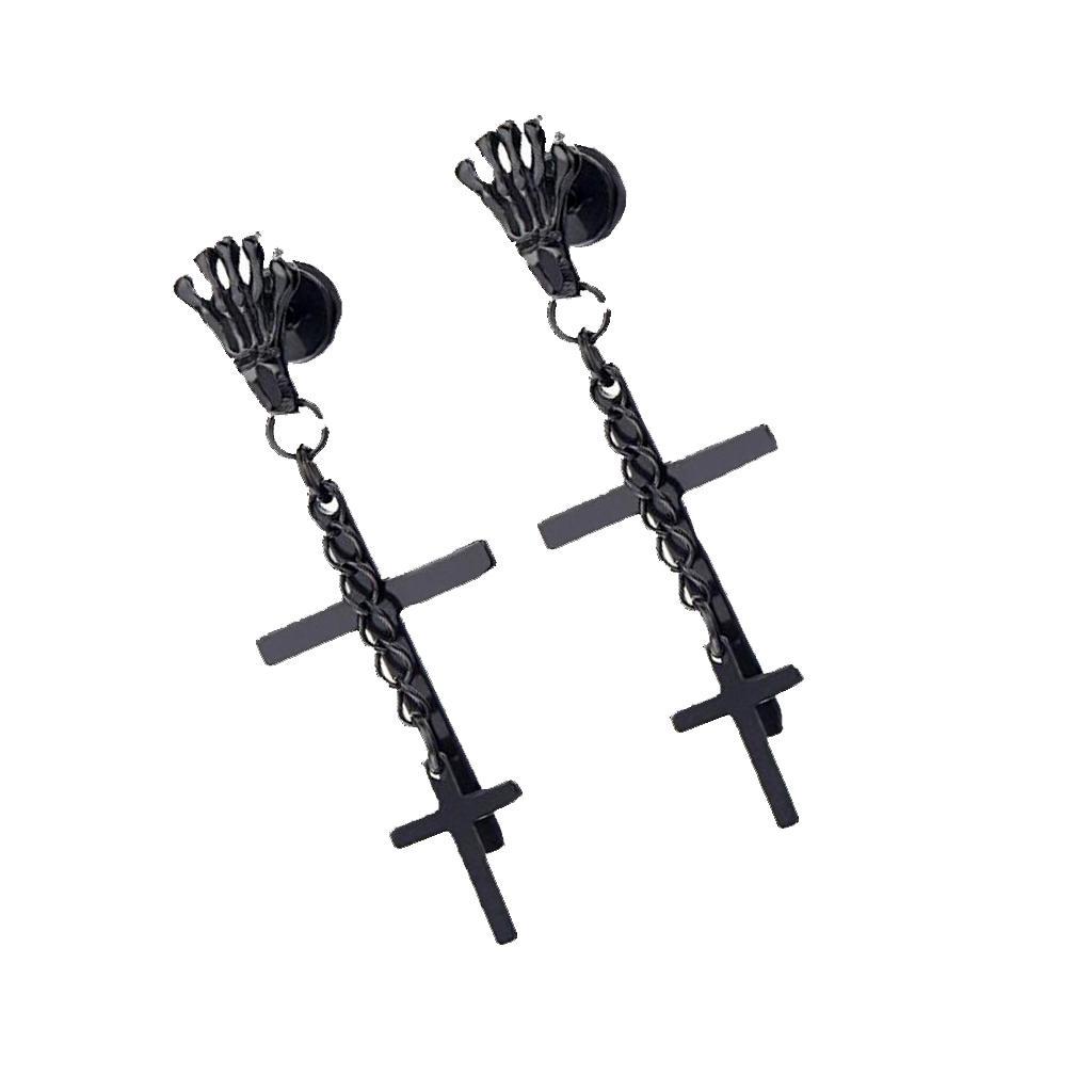 361L Stainless Steel Skeleton Cross Pendant Screw Back Earrings Black