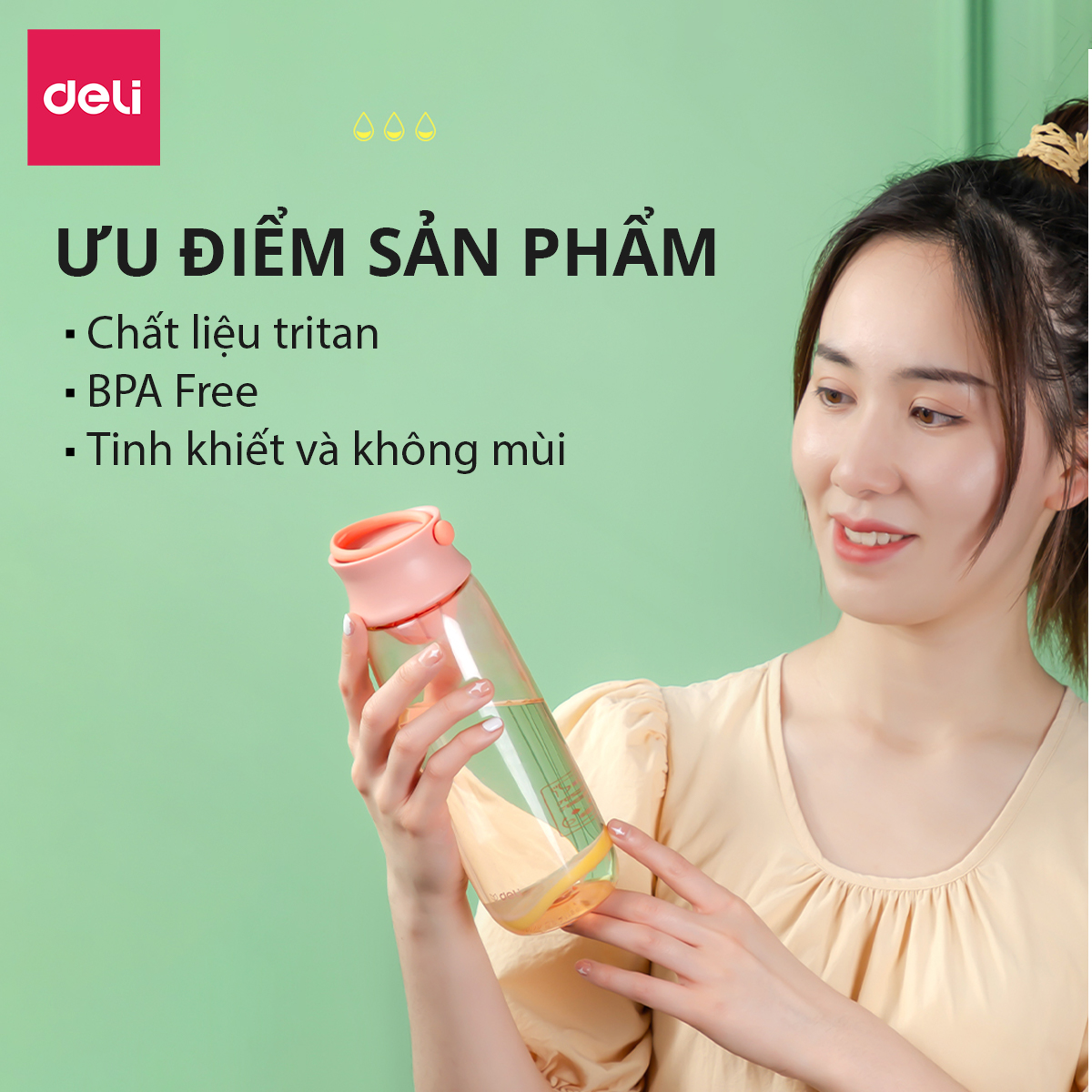 Bình Nước Bằng Nhựa Tritan Nắp Bật 460 610 ml Có Chia Vạch Nước Deli - BPA Free An Toàn Cho Sức Khỏe - Phù Hợp Bình Nước Detox Thể Thao Ngoài Trời Gym Yoga Cho Bé Tới Trường - 17664 / 17663